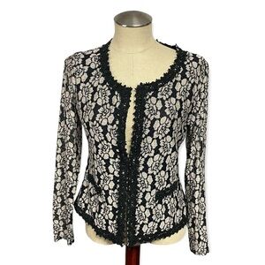 A'REVE Black Cream Lace Floral Cardigan Lace Bead Trim,  Medium